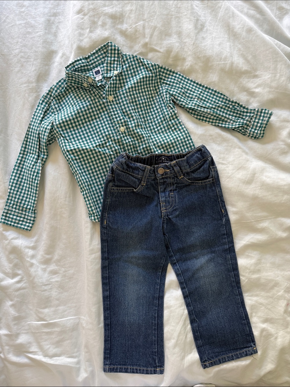 Janie & Jack Teal Gingham Shirt with Lucky Brand Blue Denim Jeans